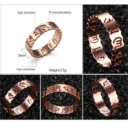 Rockyu ステンレス メンズリング 般若心経刻印 仏教モチーフ お守りデザイン シルバー ゴールド ローズゴールド