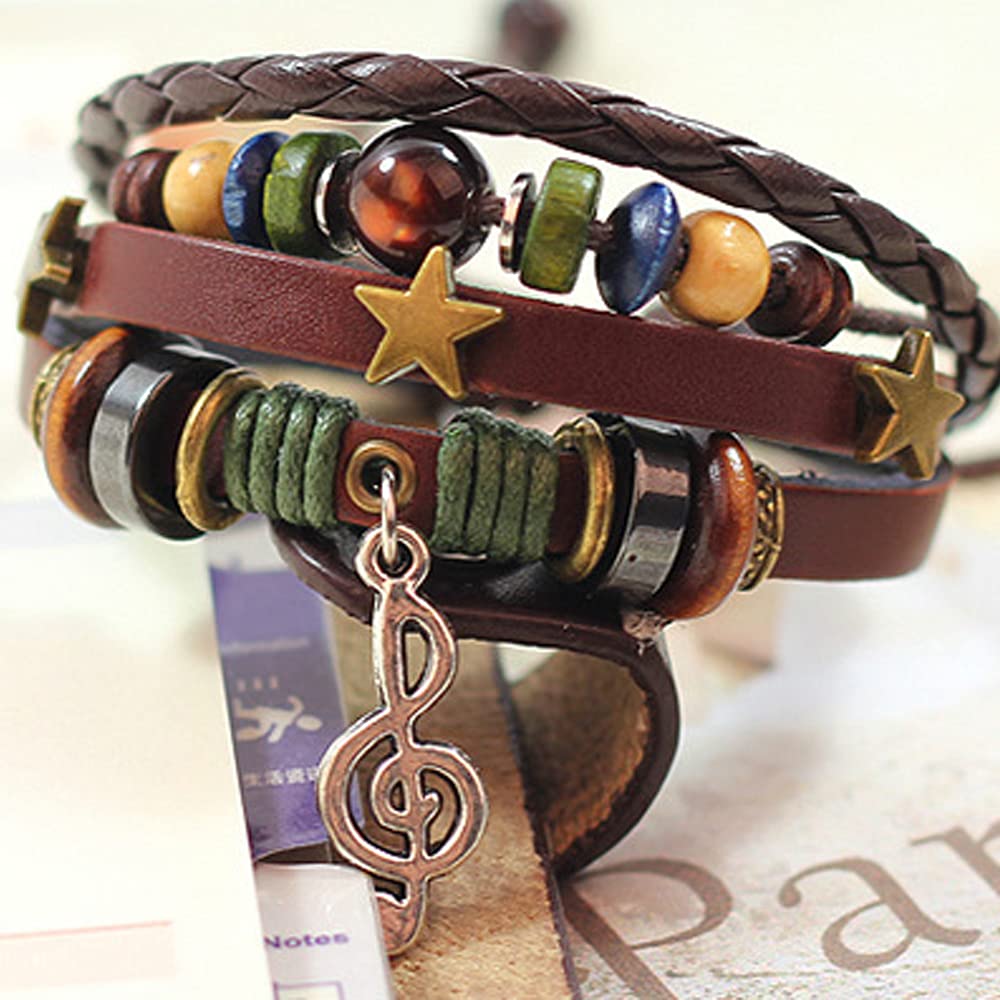 Rockyu ブレスレット メンズ レディース レザー 多連 星モチーフ 音符ペンダント 本革 編み込み ブラウン 数珠風 おしゃれ アクセサリー ギフト