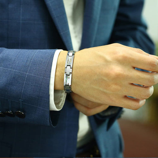 Rockyu タングステン磁気ブレスレット メンズ シルバー・ブルー シェルインレイ 静電気対策 4種天然エレメント搭載