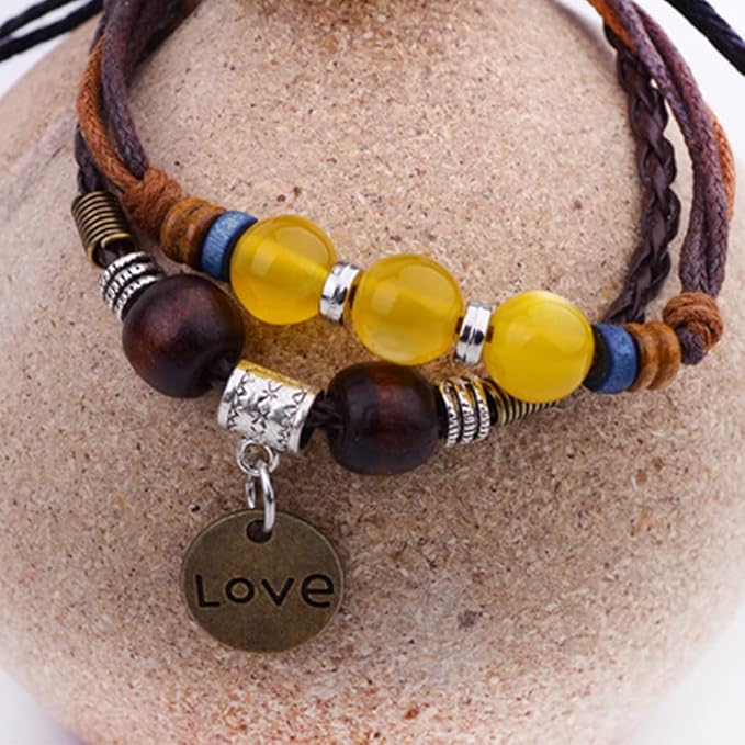 Rockyu ブレスレット メンズ レディース レザー ビーズ LOVEチャーム 多連 アジアン風 ブラウン 黄色ビーズ 編み込み 調整可能 アクセサリー ギフト