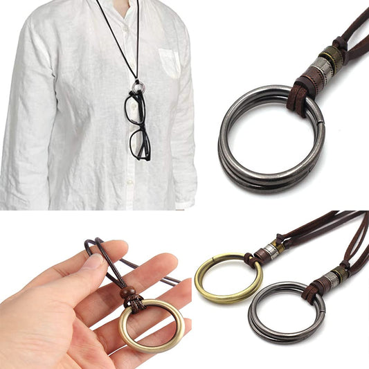 Rockyu リングペンダントネックレス|レザー調紐&真鍮風リング メンズロングタイプ