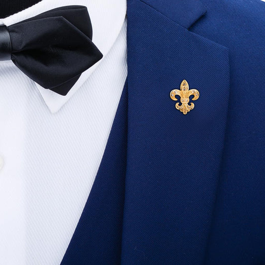 Rockyu メンズ ピンブローチ ゴールド 百合の花 ステンレス クリスタル