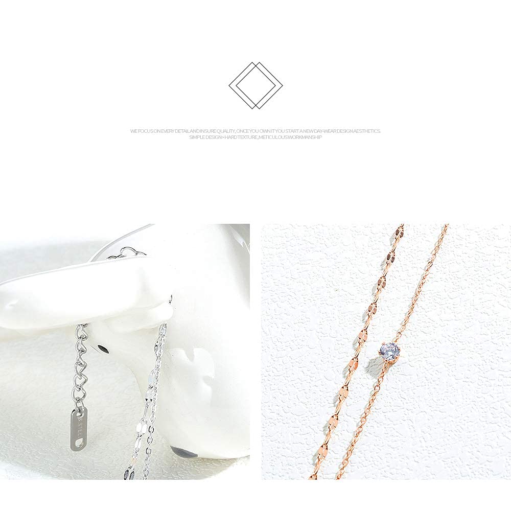 Rockyu ブレスレット レディース ピンクゴールド 2連チェーン ジルコニア付き 細身ジュエリー アレルギー対応