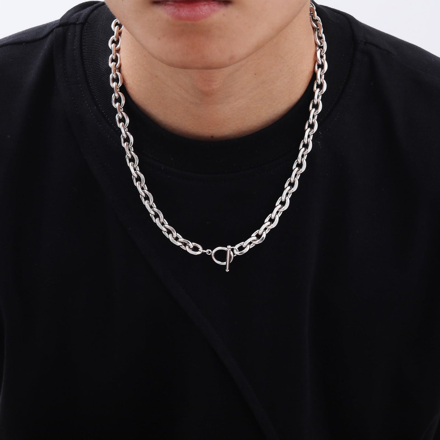 Rockyu ネックレス メンズ チェーンネックレス ステンレススチール 幅0.9cm 52cm OTバックル シルバー/ゴールド