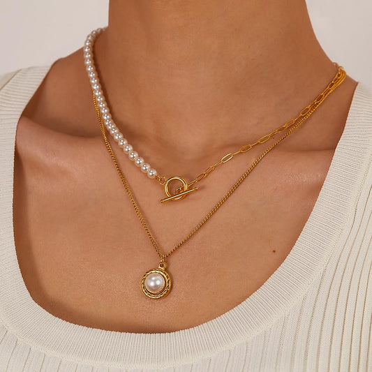 Rockyu パールネックレス レディース 2連 ゴールド ステンレス製 OTチェーン パールペンダント 調整可能 エレガント 結婚式 パーティー