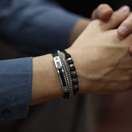 Rockyu メンズブレスレット 3連デザイン ブラック レザー×チェーン×ビーズ おしゃれ腕輪