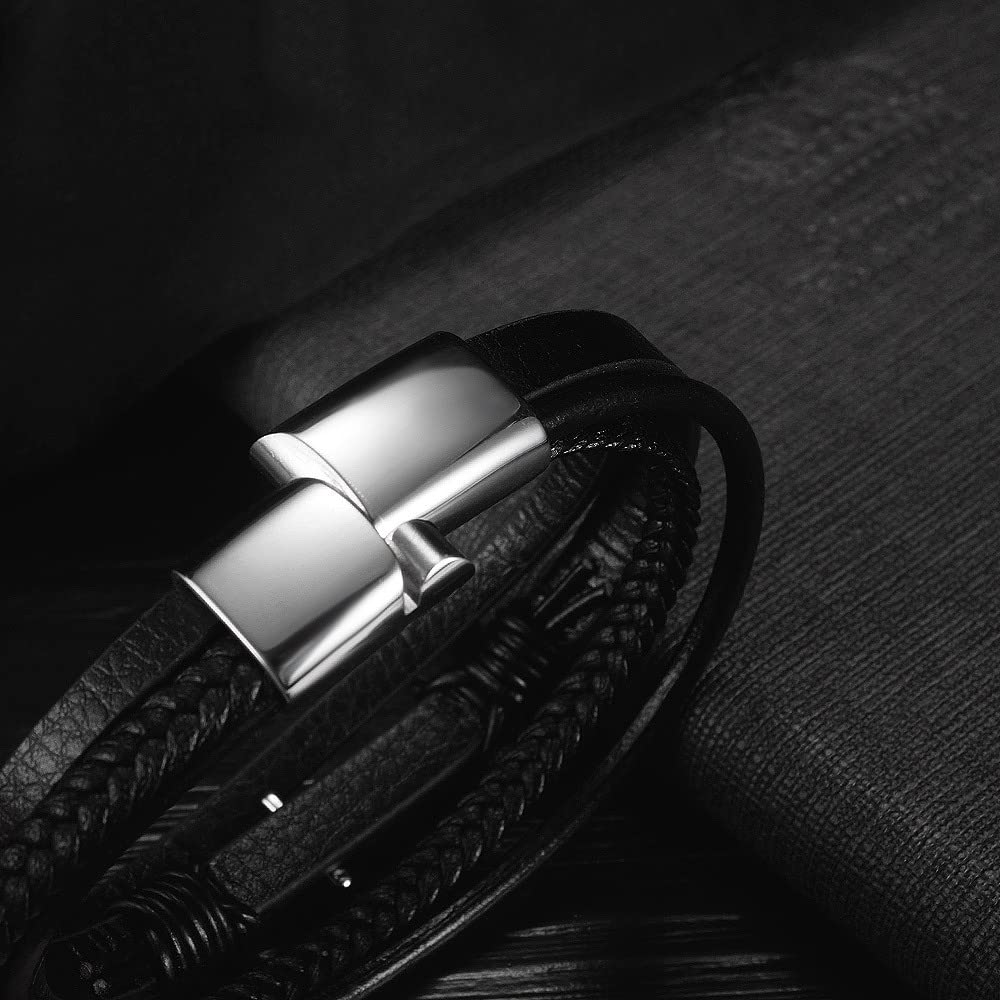 Rockyu メンズ ブレスレット レザー ブラック アンカー 錨 三連チェーン ステンレス製 アクセサリー