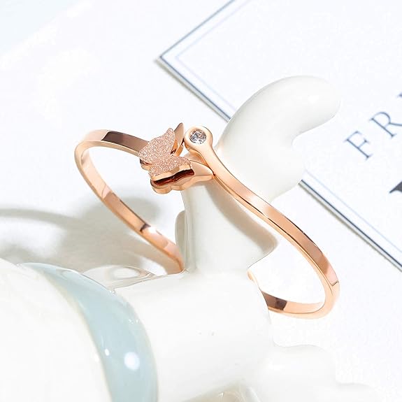 Rockyu ブレスレット レディース ピンクゴールド 蝶バングル ジルコニア付き チタン製 キラキラアクセサリー