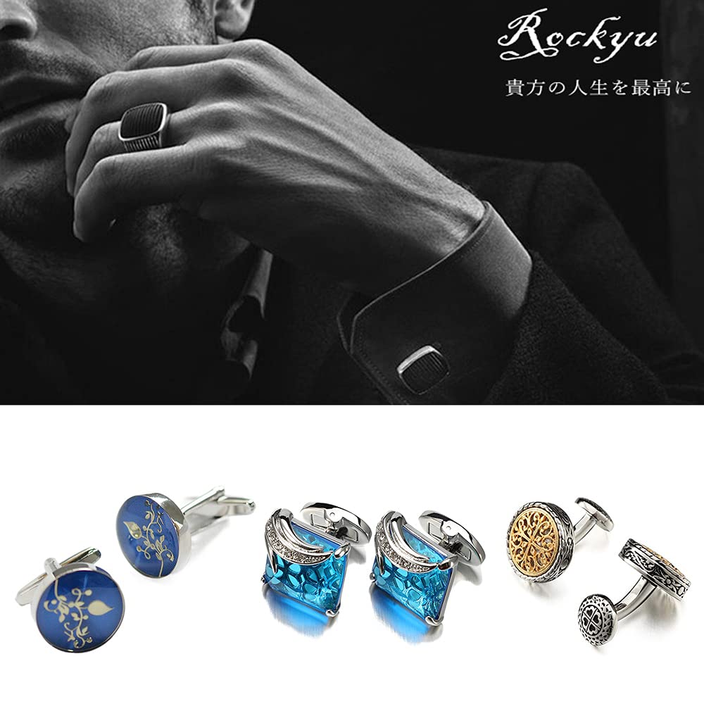 Rockyu メンズカフス ブラックオニキス風ストーンと紫ジルコニアの正方形カフリンクス