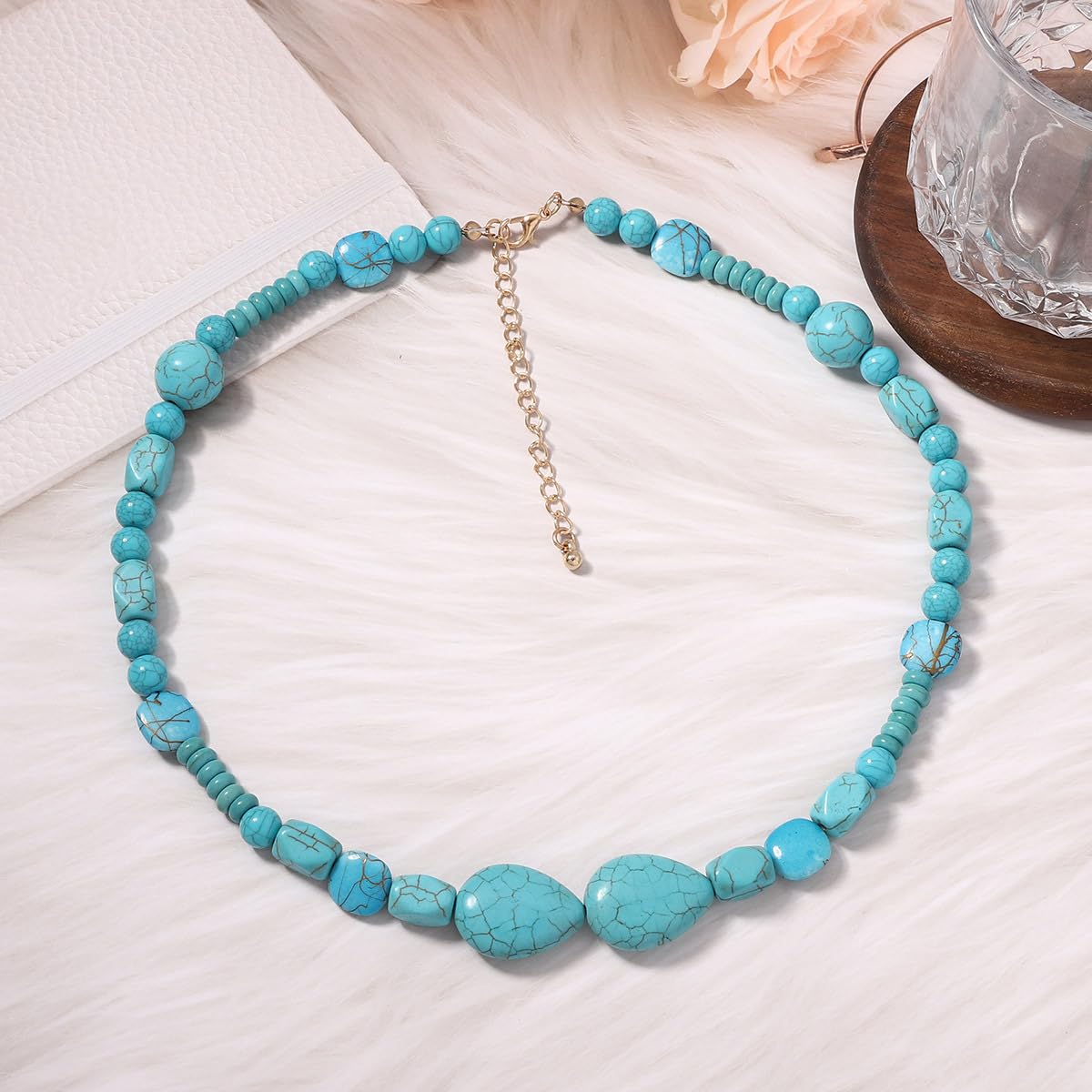 Rockyu ターコイズ天然石ネックレス レディース ビーズデザイン 調整可能 46cm+7cm