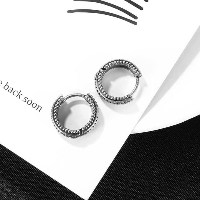 Rockyu ピアス メンズ レディース フープ シルバー 花紋柄 ステンレス製 アレルギー対応 中折れ式