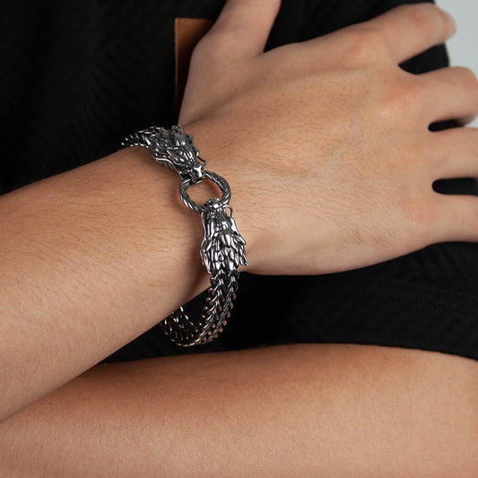 Rockyu ブレスレット メンズ シルバー 龍モチーフ 二層チェーン ステンレス 金属アレルギー対応