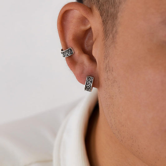 Rockyu イヤーカフ メンズ レディース ステンレス 幾何学模様 シルバー ユニセックス ノンホールイヤリング