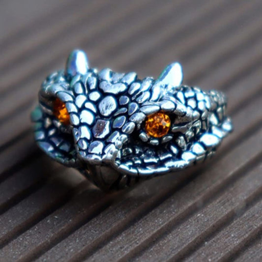 【龍眼輝く】スネークリング メンズ|アンティーク風ステンレス製フリーサイズリング