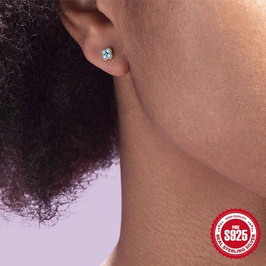 Rockyu シルバー925 花型スタッドピアス(ターコイズ&ジルコニア・両耳用)