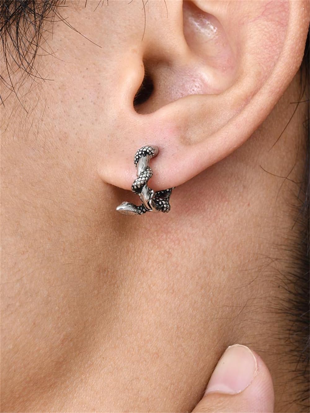 Rockyu ピアス メンズ ステンレス 蛇モチーフ フープ シルバー 金属アレルギー対応 片耳用