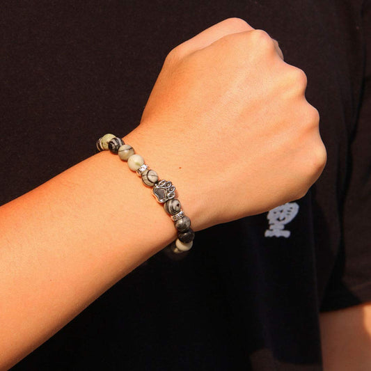 Rockyu ブレスレット メンズ レディース 数珠 ビーズ 天然石 瑪瑙 パワーストーン 犬猫足跡 開運アクセサリー