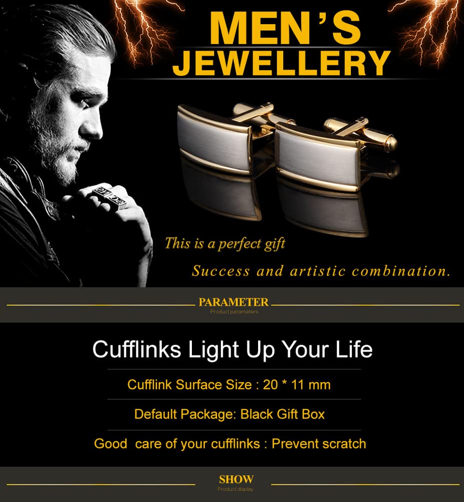 Rockyu カフスボタン メンズ おしゃれ 長方形 シルバー×ゴールド 二色 サテン加工 ビジネス 紳士カフリンクス
