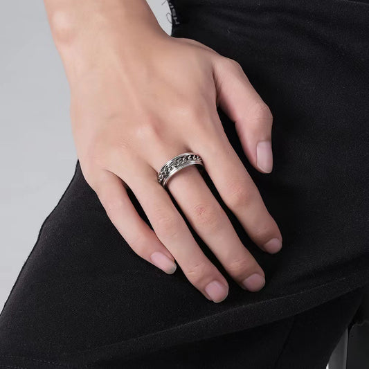 Rockyu メンズ ステンレスチェーンリング 回転式 喜平チェーン ローマ数字デザイン