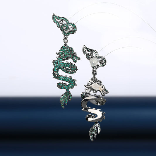 Rockyu 龍ピアス レディース|グリーンジルコニア×中華風ドラゴンデザイン 揺れるピアス