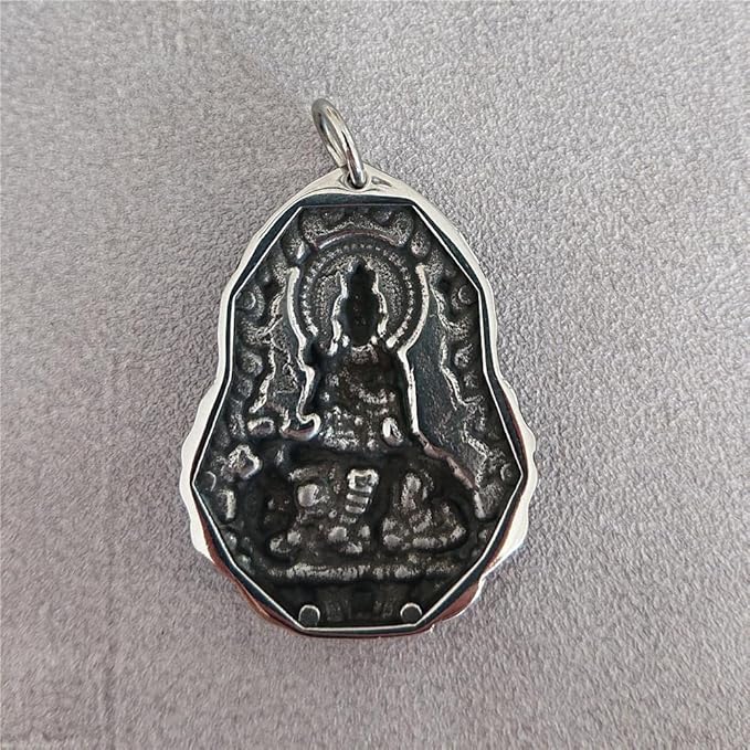 Rockyu 観音菩薩ネックレス メンズ 316Lステンレス製 お守りペンダント シルバー仕上げ