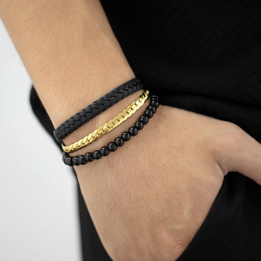 Rockyu メンズ 3連ブレスレット 喜平チェーン×ビーズ×編み込みレザー ゴールド×ブラック ステンレス 金属アレルギー対応