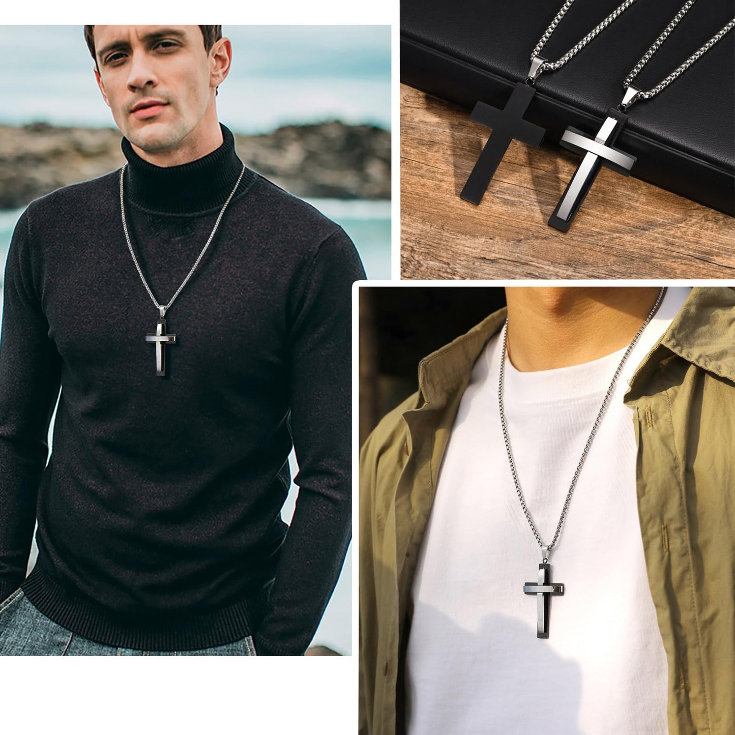 Rockyu ステンレス 二重構造クロス メンズネックレス ブラックIPメッキ