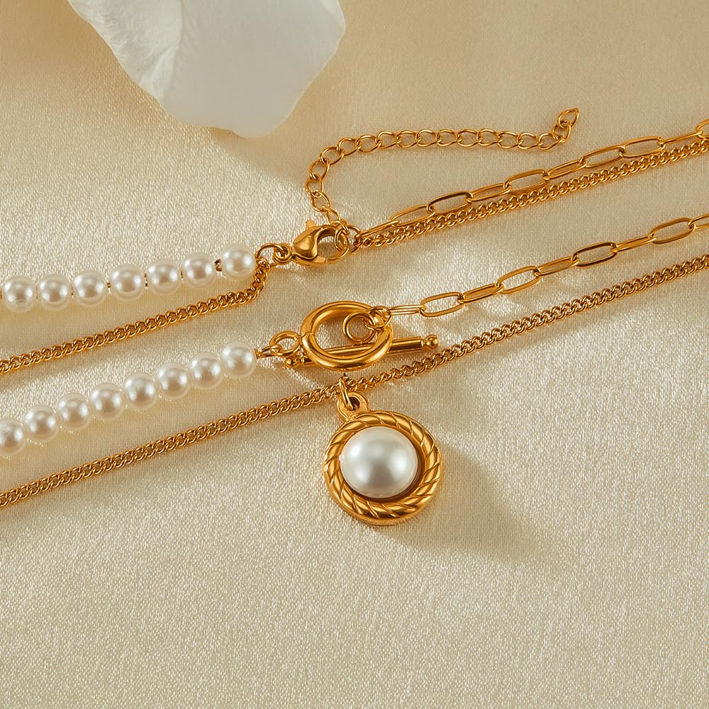 Rockyu パールネックレス レディース 2連 ゴールド ステンレス製 OTチェーン パールペンダント 調整可能 エレガント 結婚式 パーティー