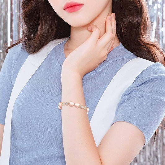 ハート&リボンの猫目石ブレスレット|ジルコニア×ローズゴールド&ゴールド