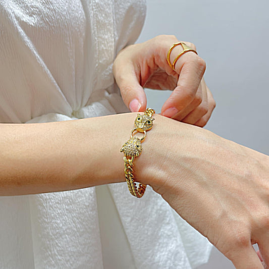 Rockyu ヒョウヘッド ゴールドブレスレット 喜平チェーン レディース