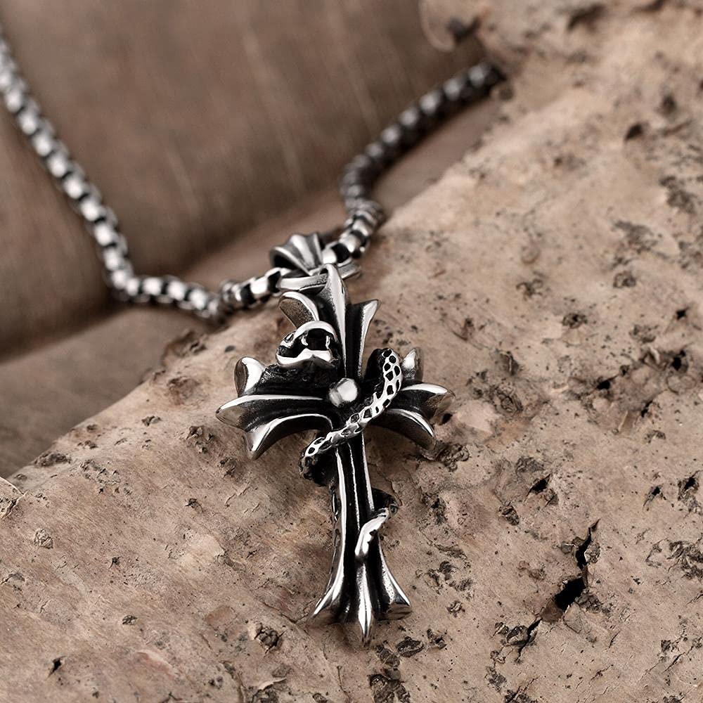 Rockyu 蛇×クロスデザイン ステンレスネックレス【十字架ペンダント】