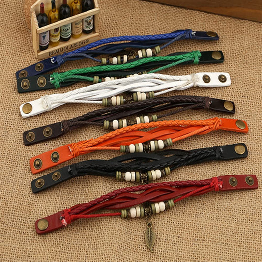 【リーフの風が吹く】カラフル牛革ブレスレット|調整可能・レディース&メンズ兼用