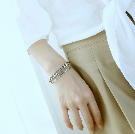 Rockyu ブレスレット レディース シルバー 三連チェーン 多層デザイン 調整可能