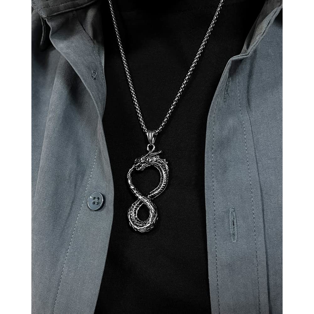 Rockyu ネックレス メンズ シルバー 龍モチーフ 無限大ペンダント ステンレス製 金属アレルギー対応 チェーン55cm