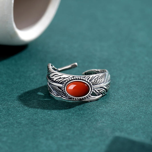 Rockyu 南紅瑪瑙 シルバー925 羽根モチーフリング アンティーク調 開口調整可能