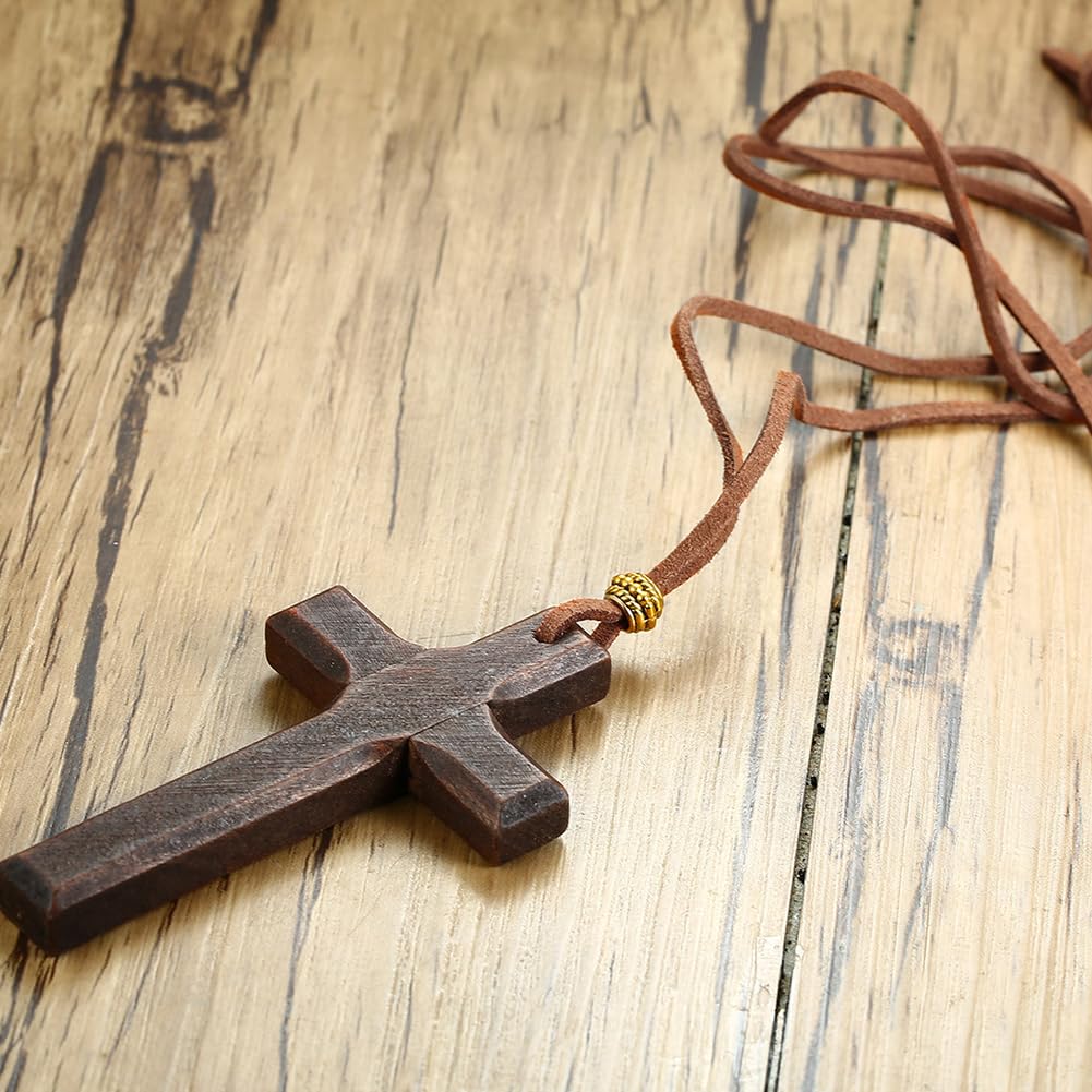 Rockyu ネックレス メンズ 木製 クロス チャーム 十字架 ロング紐 カジュアル 立体デザイン
