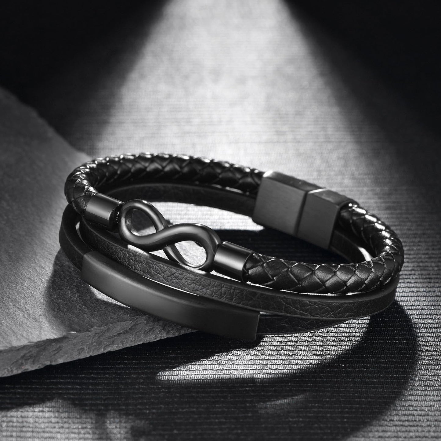 Rockyu ブレスレット メンズ 無限シンボル 8字モチーフ 編み込みレザー ステンレス ブラック シンプル おしゃれ カジュアル ギフト