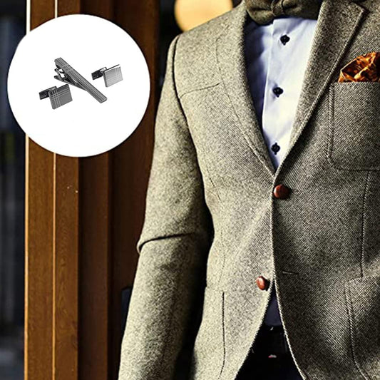 Rockyu ネクタイピン&カフスセット|ステンレス製 スタイリッシュラインデザイン