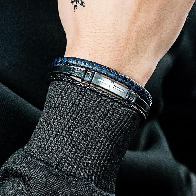 Rockyu ブレスレット メンズ レザー×ステンレス 三連クロスプレートデザイン