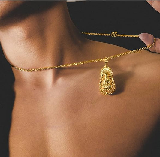 Rockyu ゴールド観音菩薩ネックレス メンズ 開運ステンレスロングチェーン付き