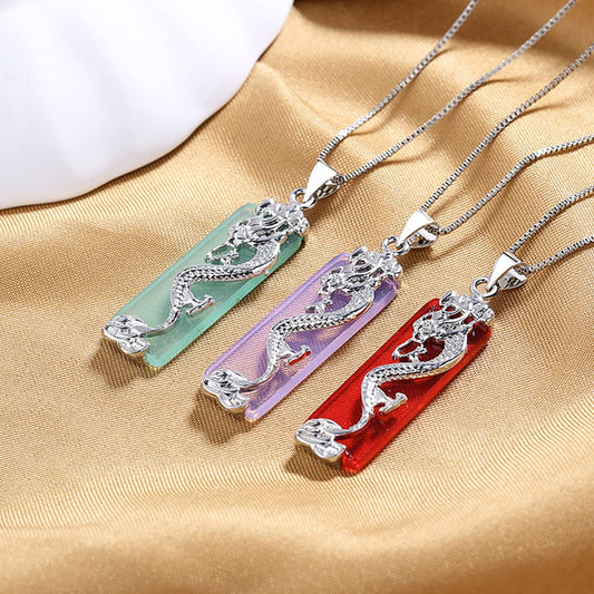 Rockyu ネックレス メンズ レディース 龍モチーフ 長方形ペンダント シルバー ステンレス 金属アレルギー対応