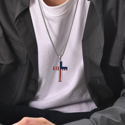 Rockyu ステンレス アメリカ国旗デザイン クロスペンダント メンズネックレス