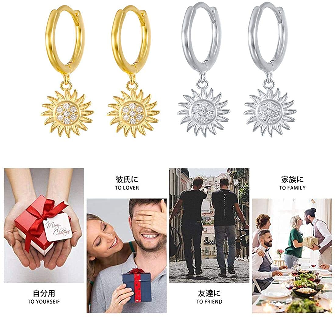 Rockyu ピアス レディース フープ 太陽 向日葵 18金 CZジルコニア シルバー925