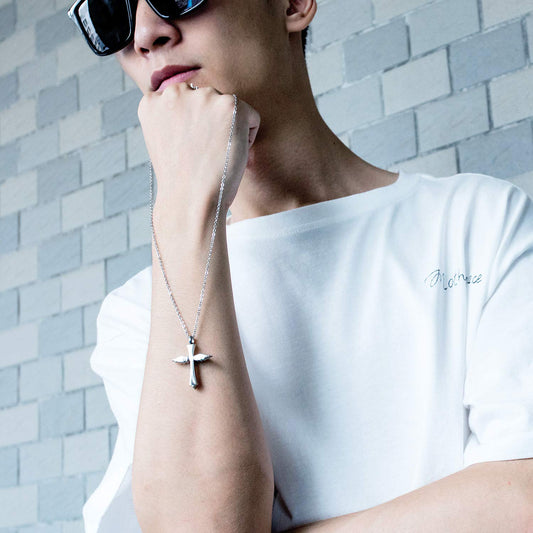 Rockyu 天使の翼 クロスネックレス メンズ レディース|ステンレス製 メモリアル 遺骨ペンダント