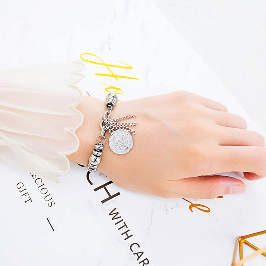 Rockyu レディースブレスレット シルバー チタン 円珠 コイン刻印 トーテム 御守風