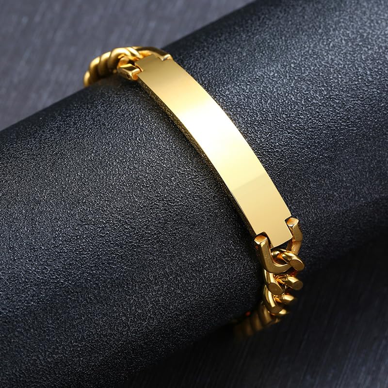 Rockyu ブレスレット メンズ レディース プレート チェーン ステンレス製 IPゴールド仕上げ