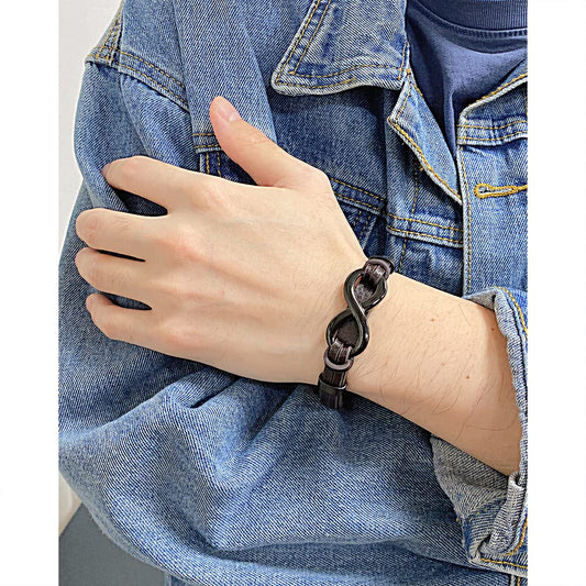 Rockyu ブレスレット メンズ レザー 無限大 ステンレス 繊維合成革 バングル