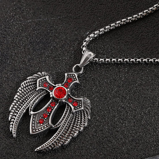 Rockyu クロスウィングネックレス メンズ ステンレス製 赤ジルコニア 十字架ペンダント