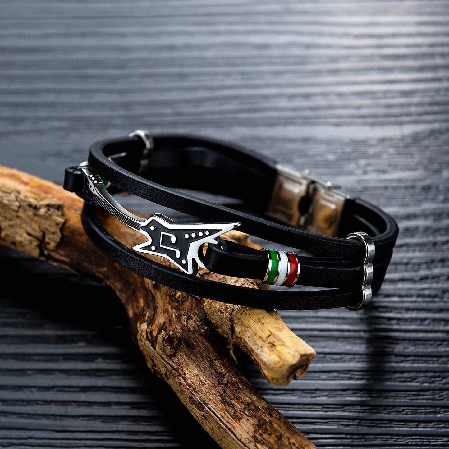 Rockyu ブレスレット メンズ 音楽ギター モチーフ レザー バングル ブラック ステンレス 男女兼用