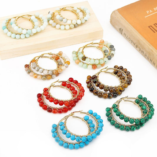 Rockyu フープピアス レディース 天然石 ターコイズ ホワイトムーンストーン ゴールド ワイヤーラップ 大ぶりピアス ギフト 誕生日 クリスマス